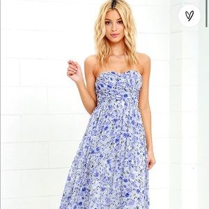 Lulus All Afloat Royal Blue Floral Print Strapless Maxi Dress size Small